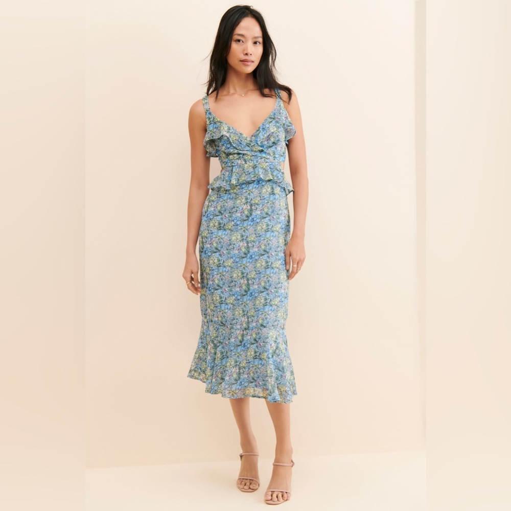 ASTR Floral Blue Dress with Ruffles and Open Back